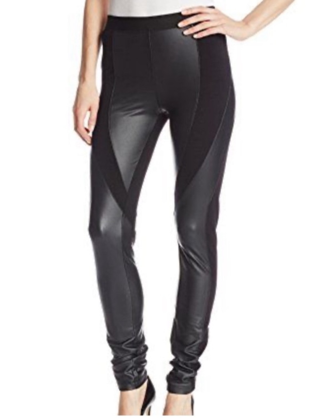 BCBGMaxAzria Black Mixed-Media Faux-Leather Leggings Woman’s XL